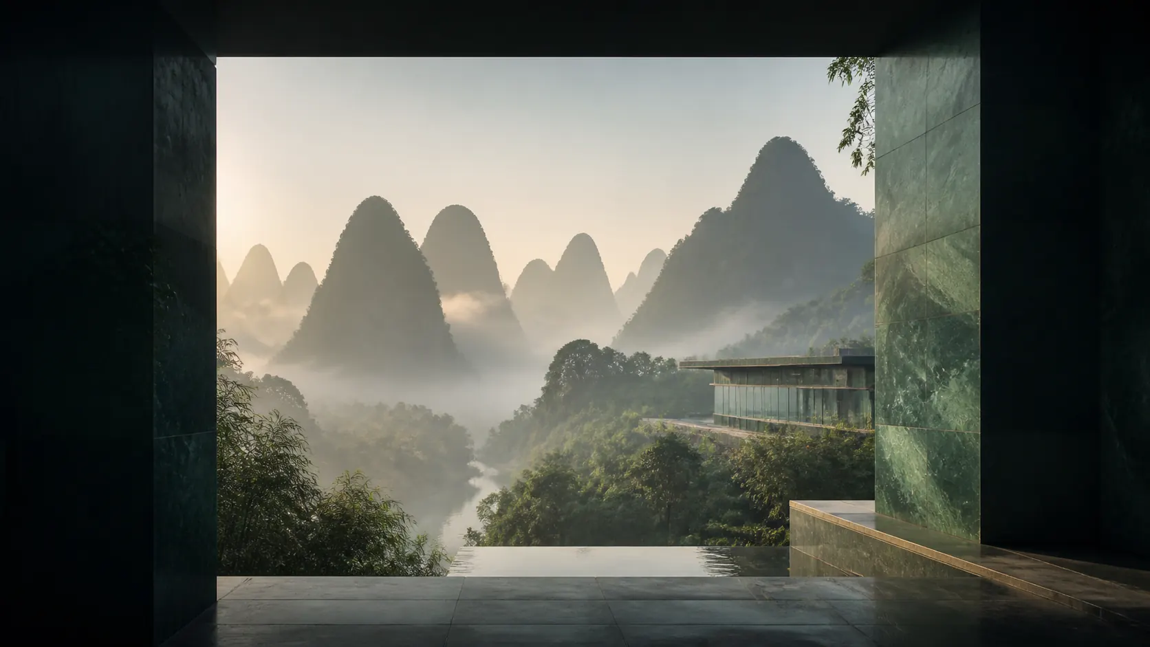 Karst mountains surrounding a contemporary health institution in China
